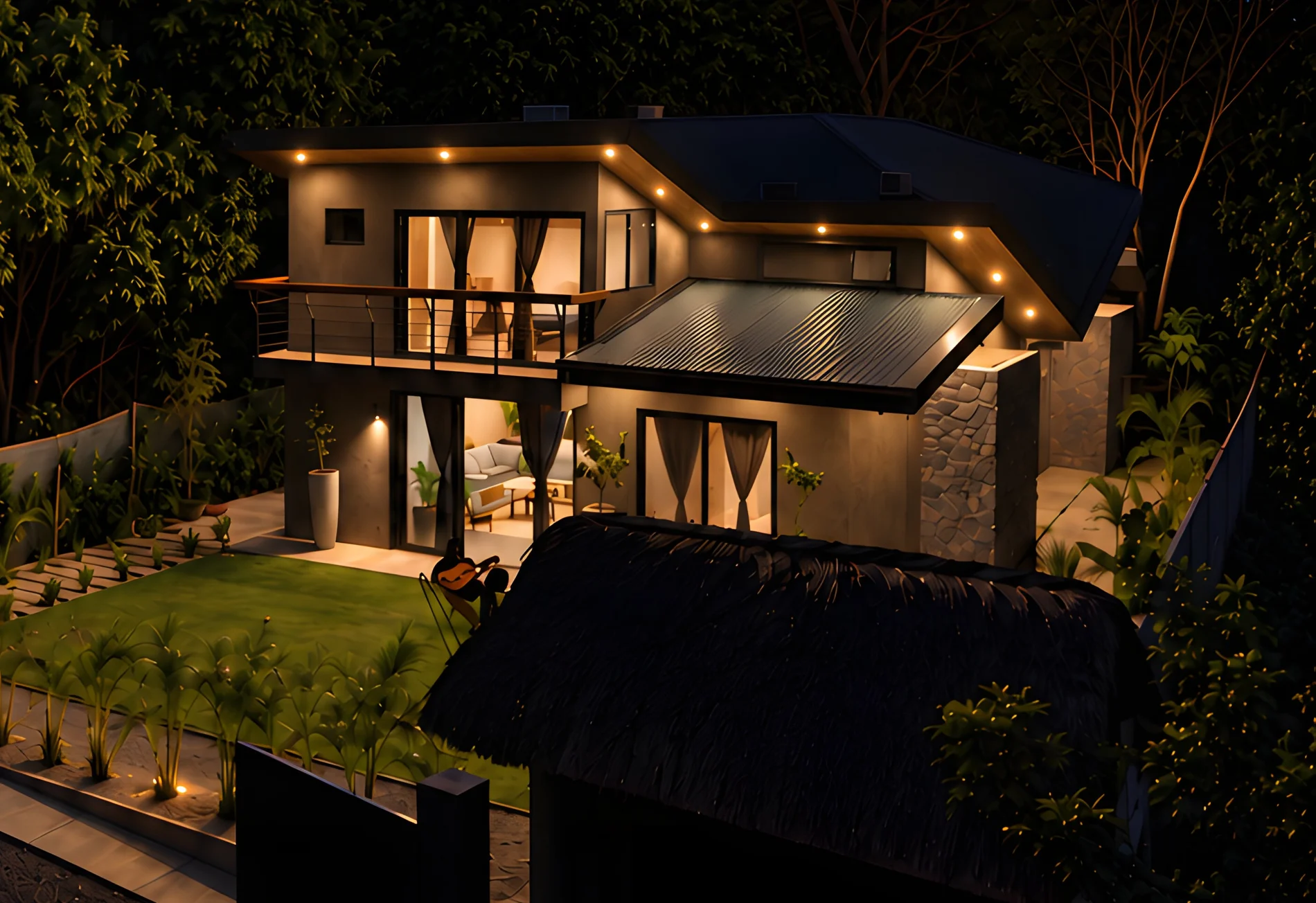 Warm lights at Villa Zelvara as evening settles into the jungle